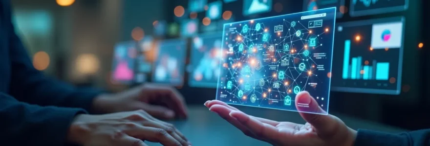 Illustration conceptuelle montrant la surveillance du parcours utilisateur dans Microsoft Teams avec des éléments visuels symbolisant la performance, la collaboration et la technologie