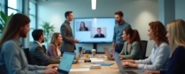 Professional hybrid work environment showing a team collaborating seamlessly across office and remote settings, modern space with natural lighting and clear negative space