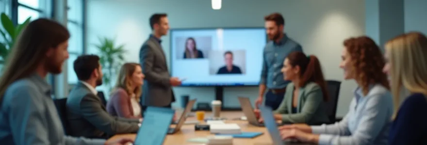Professional hybrid work environment showing a team collaborating seamlessly across office and remote settings, modern space with natural lighting and clear negative space