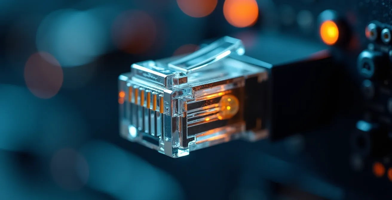 Detailed macro view of network cable connection with precise metallic textures and shallow focus illustrating data flow concept