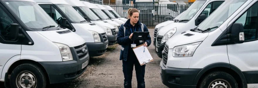 A fleet coordinator checks a commercial van with a tablet in a depot.
