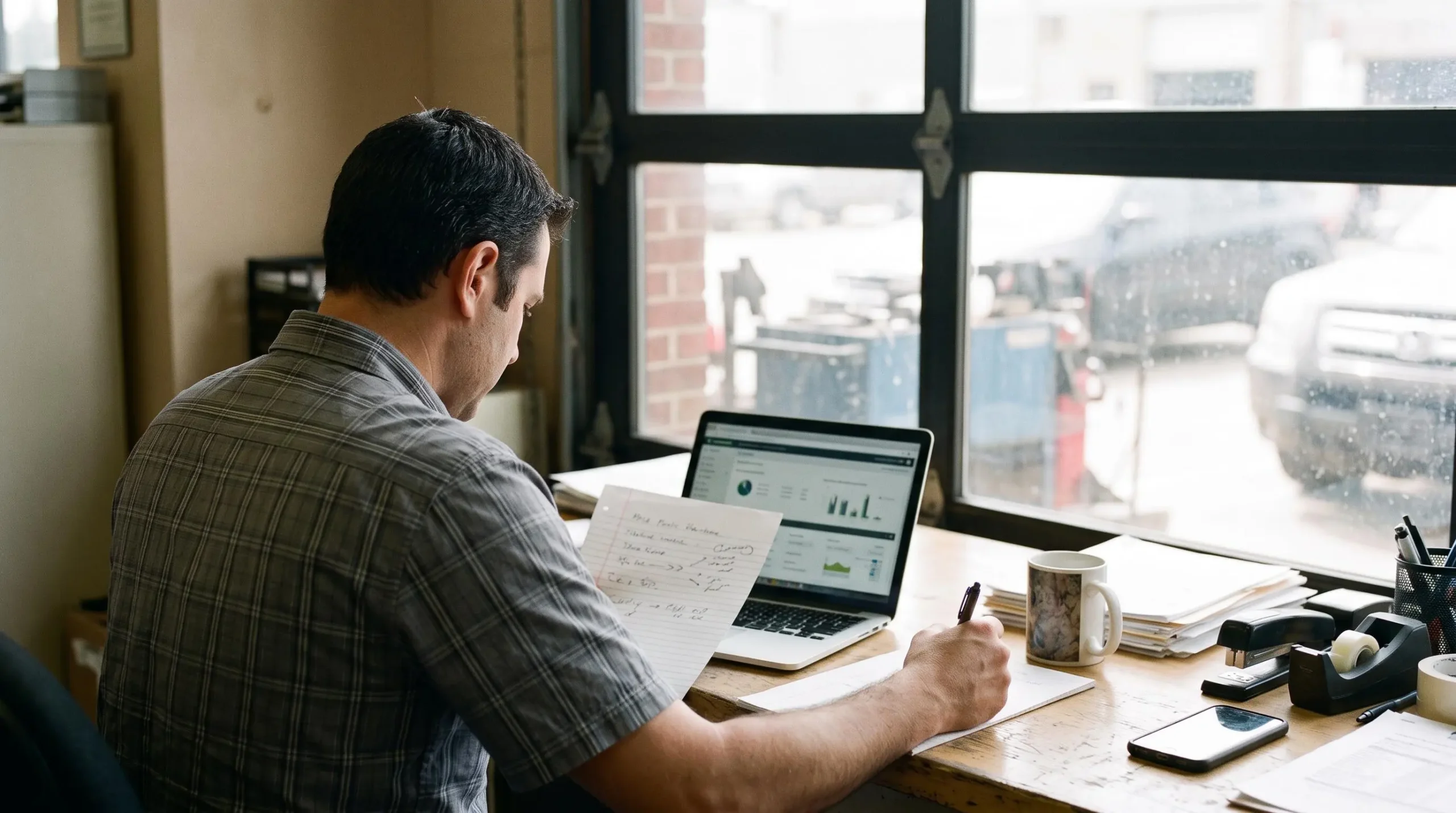 A fleet manager compares vehicle reports on a laptop at his desk.