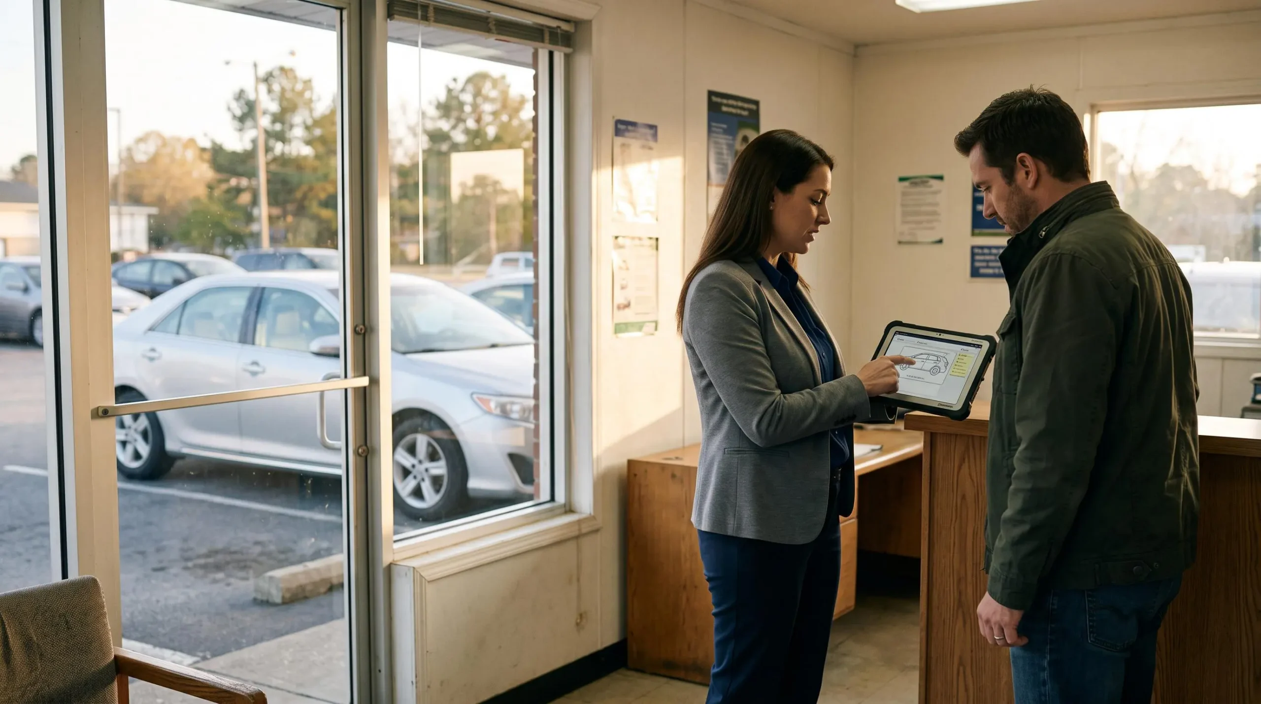 A rental agent and a customer inspect a tablet during a car handover.