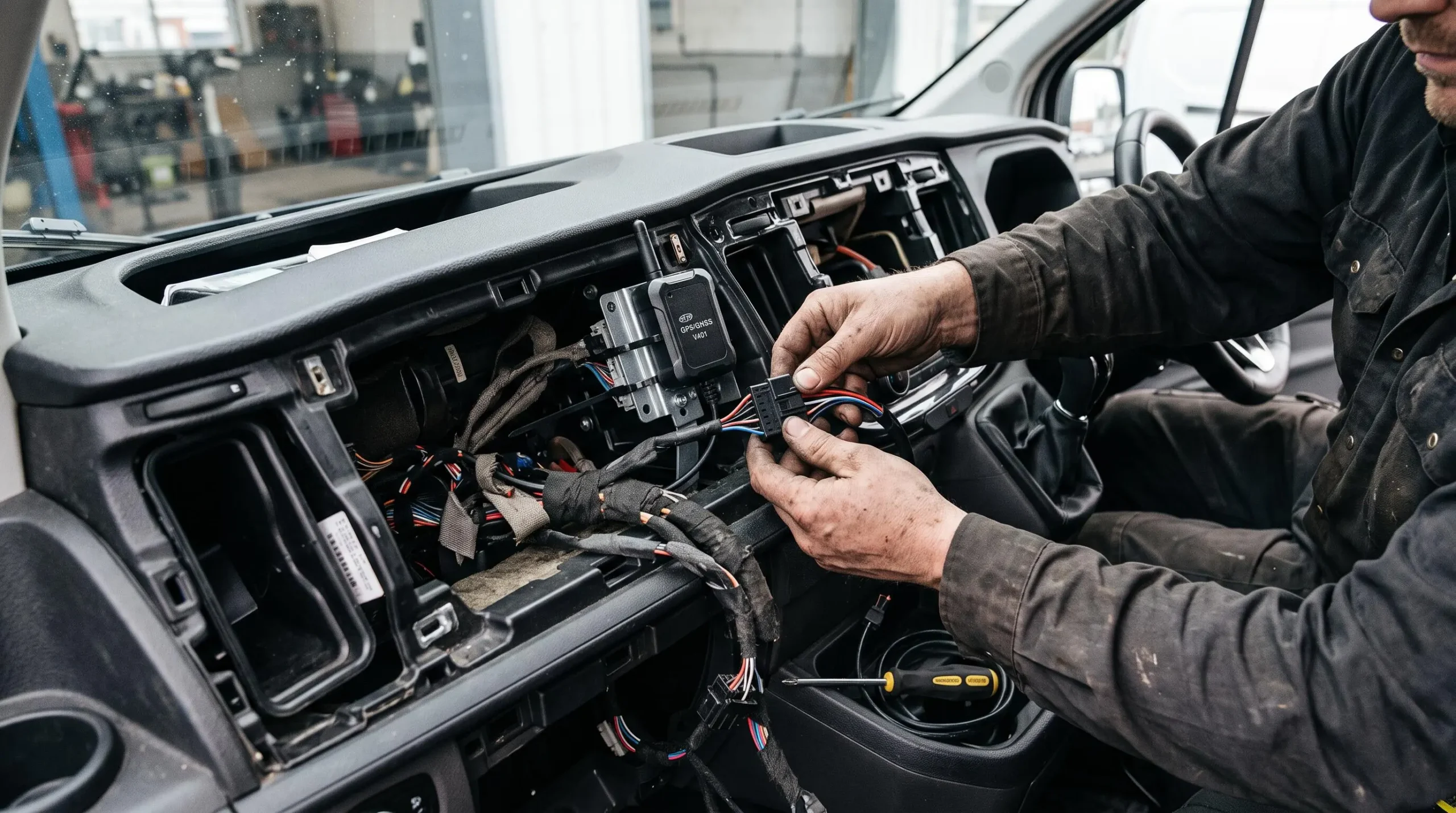 A technician connects a GPS tracking device behind a van dashboard.